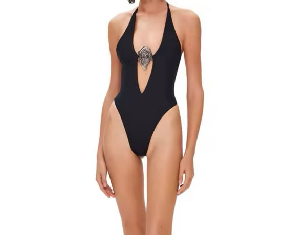 Women Sexy Solid Color Gold Metal Cut Out Halter Swimsuit Cover Up Set