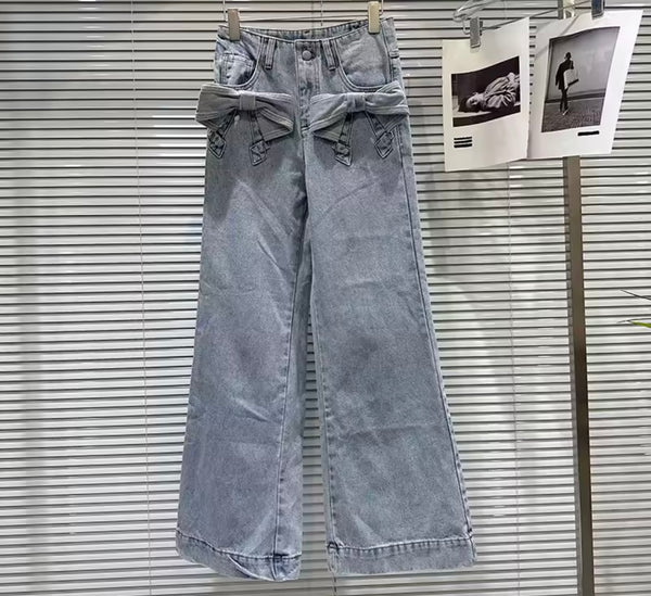 Women Fashion Blue Bow Denim Jacket Two Piece Pant Set