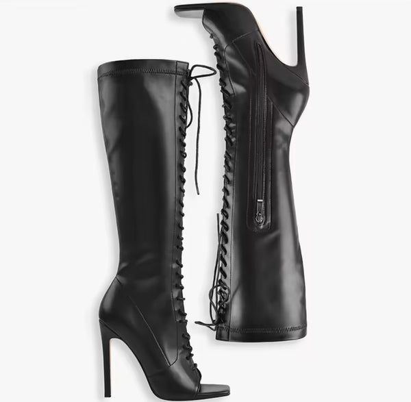 Women Black Open Toe Lace Up Faux Leather Knee High Boots