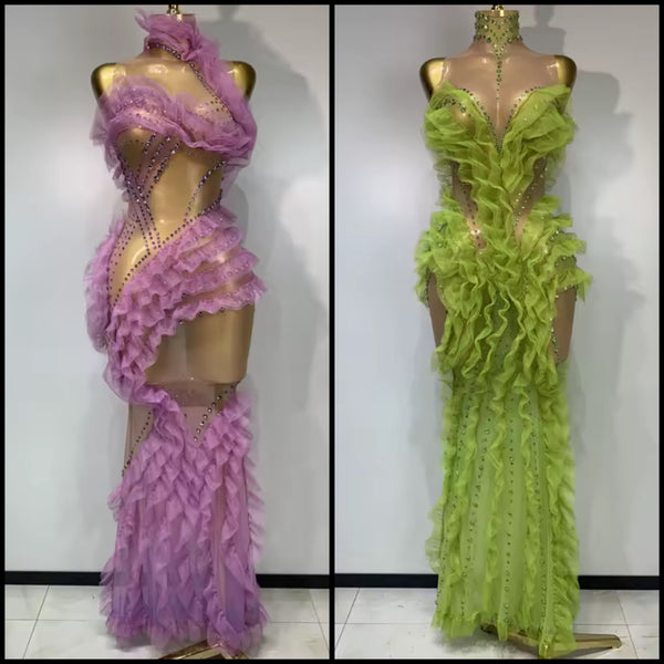 Women Sexy Sleeveless Color Rhinestone Ruffled Mesh Maxi Dress
