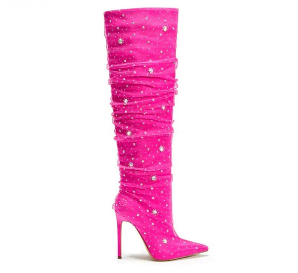 Women Pink Bling Rhinestone Fashion Knee High Boots