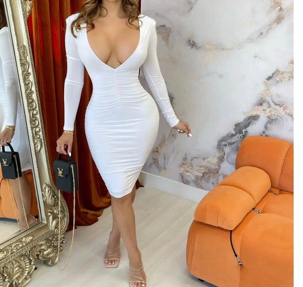 Women Sexy Solid Color V-Neck Full Sleeve Dress