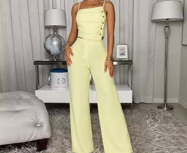 Women Color Button Up Sleeveless Two Piece Pant Set