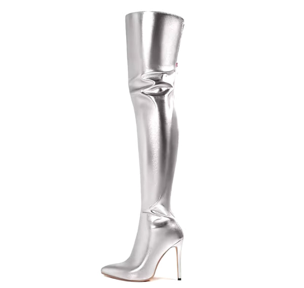 Women Fashion Color Metallic Over The Knee High Heel Boots