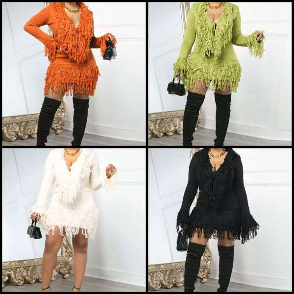 Women Sexy Knitted Fringe Full Sleeve Two Piece Skirt Set
