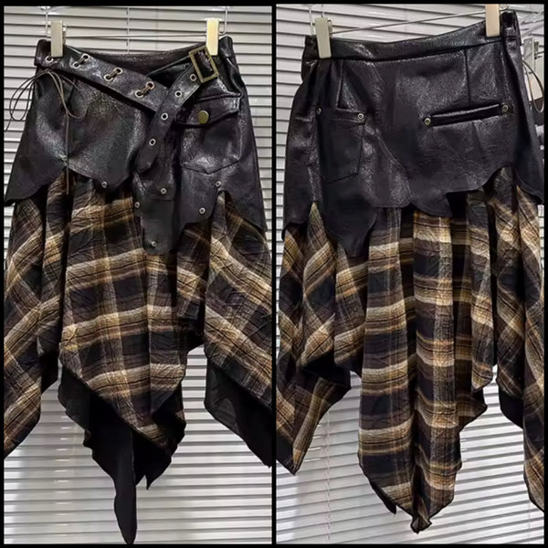 Women Faux Leather Plaid Belted Fashion Skirt