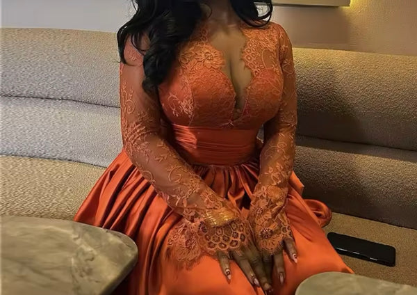 Women Orange Sexy Lace Patchwork Satin Dress