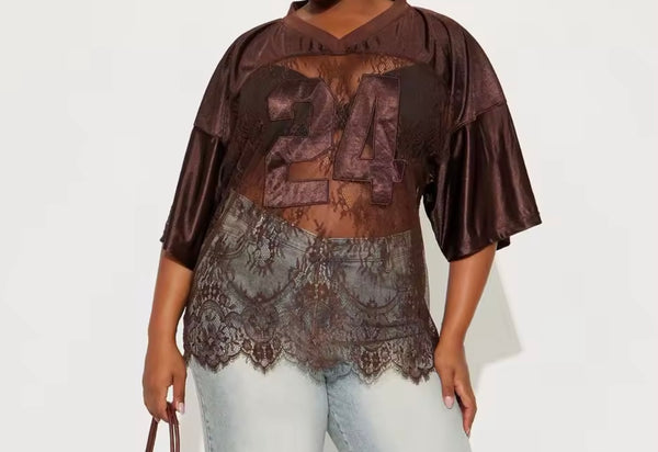 Women Fashion Number Lace Short Sleeve Jersey Top