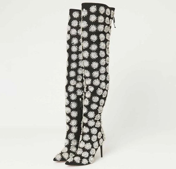 Women Fashion Suede Bling Print Over The Knee Boots