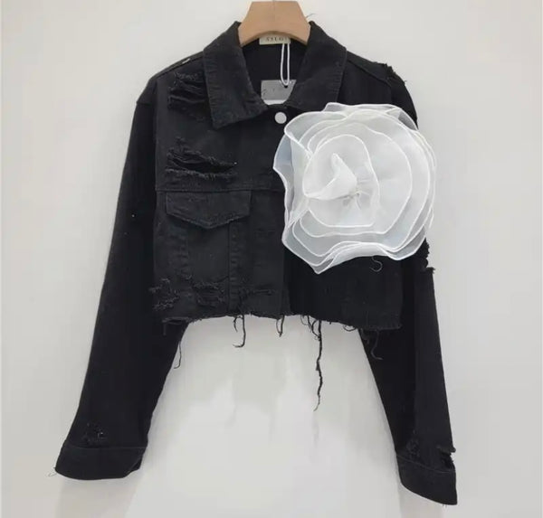 Women Fashion Ripped Floral Denim Jacket