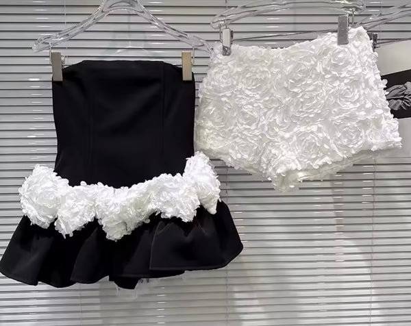 Women Sexy Strapless 3D Floral Shorts Two Piece  Dress Set