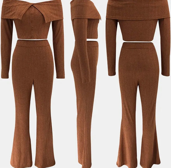 Women Ribbed Solid Color Off The Shoulder Full Sleeve Two Piece Pant Set