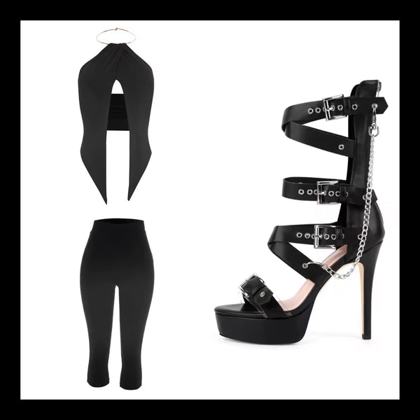 Women Fashion Buckled Chain Platform High Heel Sandals