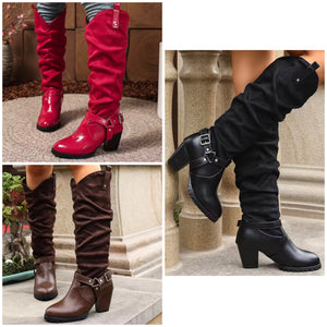 Women Fashion Buckled Chunky Heel Knee High Western Boots