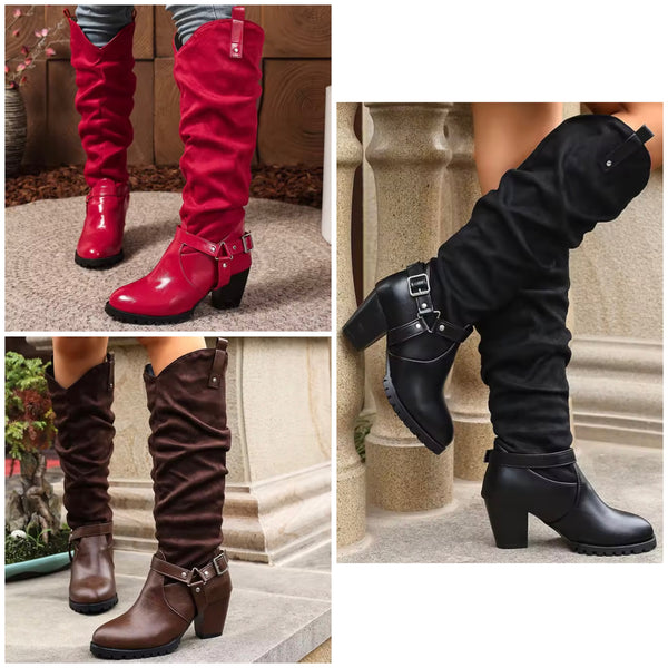 Women Fashion Buckled Chunky Heel Knee High Western Boots
