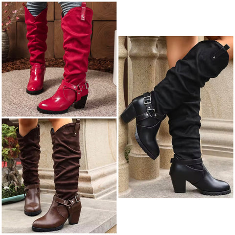 Women Fashion Buckled Chunky Heel Knee High Western Boots