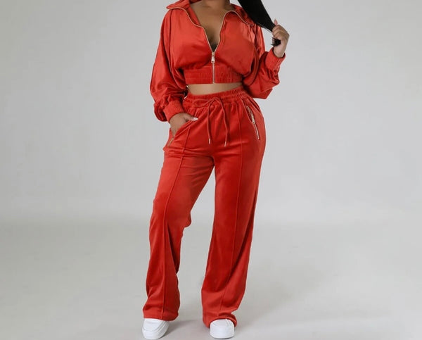 Women Fashion Hooded Zip Up Velour Tracksuit Two Piece Pant Set