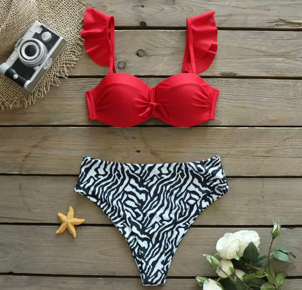 Women Sexy Ruffled Sleeveless Zebra Print Color Bikini