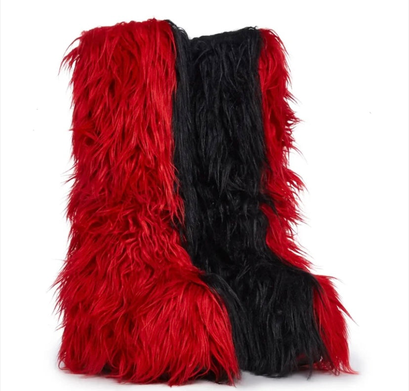 Women Fashion Black/Red Faux Fur Platform Knee High Boots
