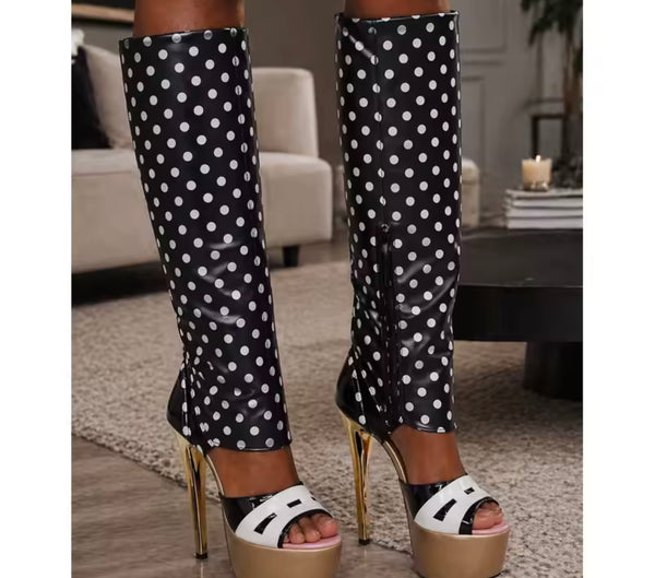 Women Fashion Open Toe B&W Polka Dot Platform High Heel Boots