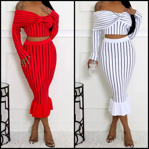 Women Sexy Striped Off The Shoulder Full Sleeve Two Piece Skirt Set