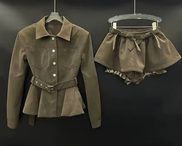 Women Collar Button Up Ruffled Jacket Two Piece Skirt Set