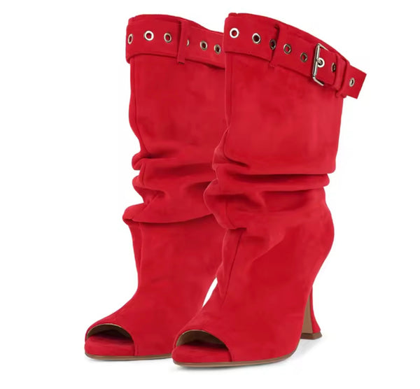 Women Color Open Toe Suede Buckle Ruched High Heel Boots