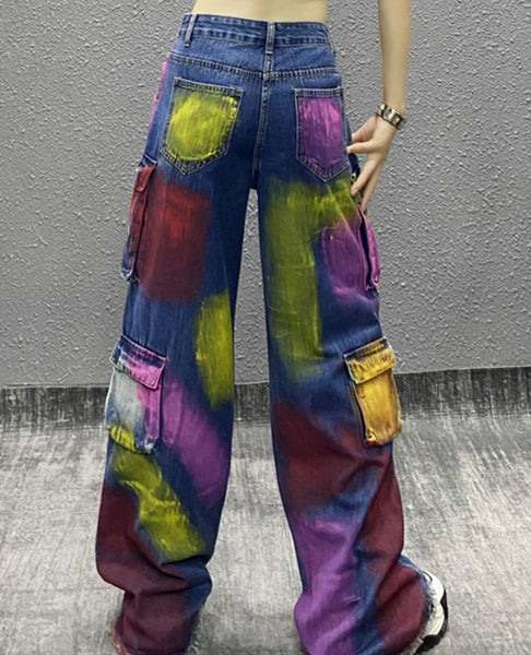 Women Fashion Color Patchwork Cargo Denim Wide Leg Pants