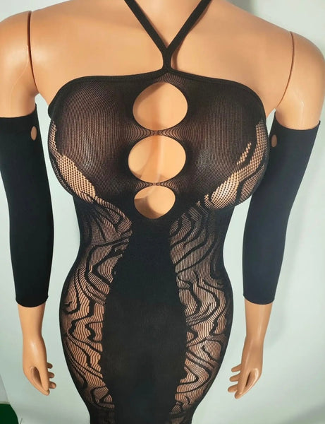 Women Black Sexy Sleeveless Glove Mesh Lingerie