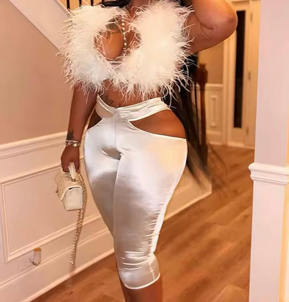 Women Sexy Feather Halter Sleeveless Two Piece Capri Pant Set