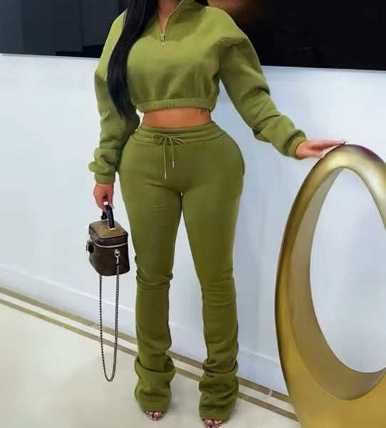 Women Fashion Zip Up Full Sleeve Crop Sweater Two Piece Pant Set