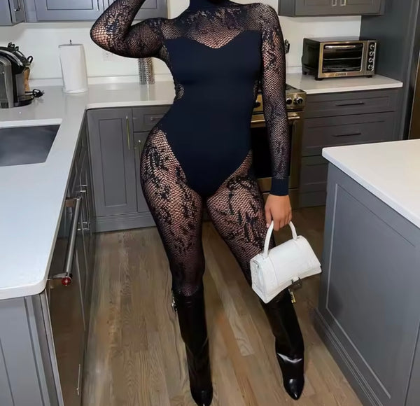 Women Sexy Black Full Sleeve Lace Mesh Jumpsuit