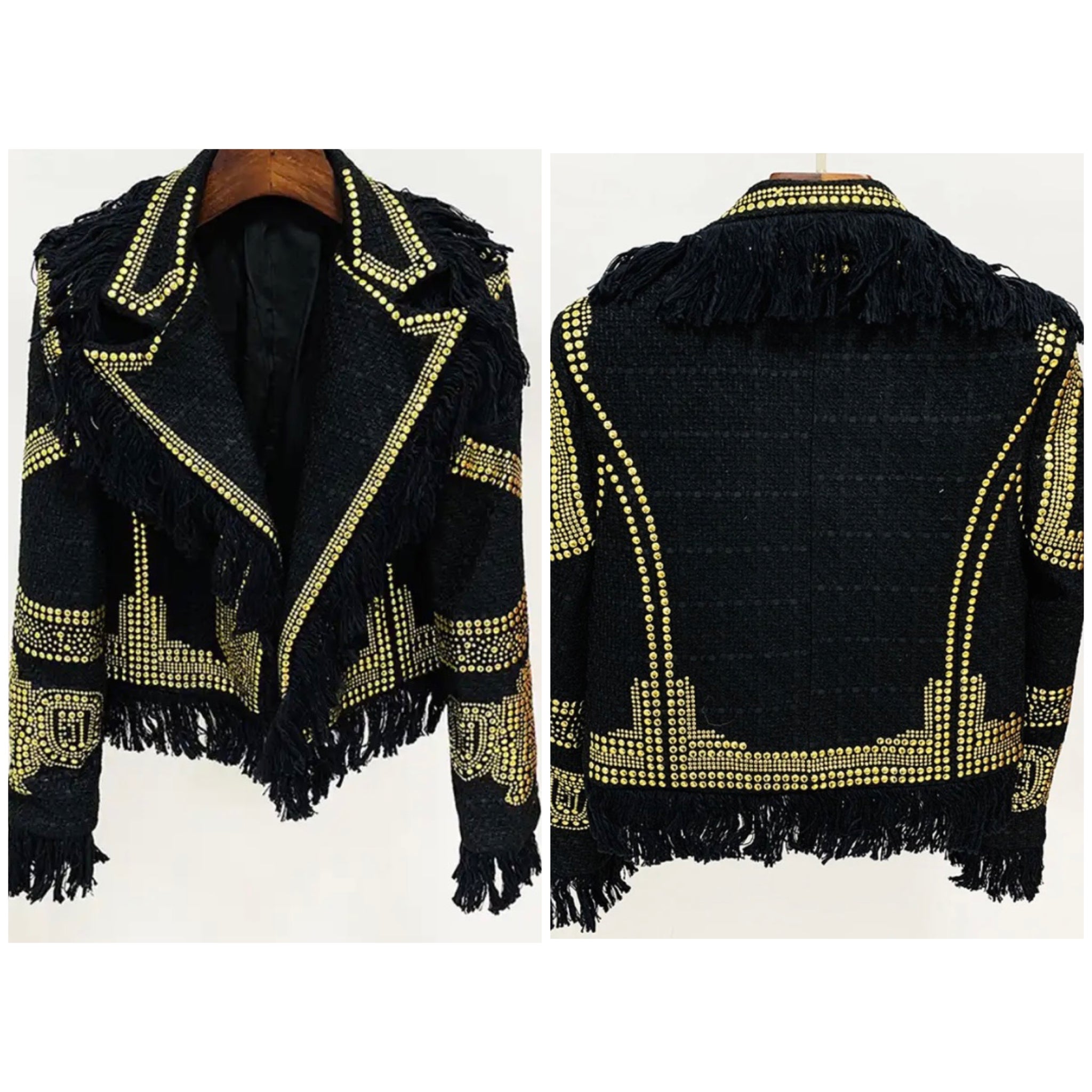 Women Gold Sequins Patchwork Fringe Blazer Jacket