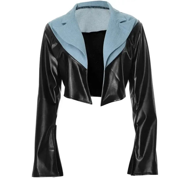 Women Fashion Denim Patchwork Faux Leather Crop Jacket