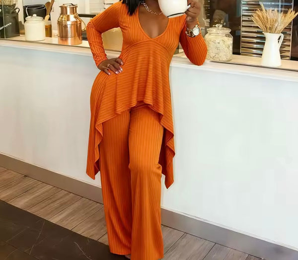 Women Ribbed Asymmetrical Full Sleeve Two Piece Fashion Pant Set
