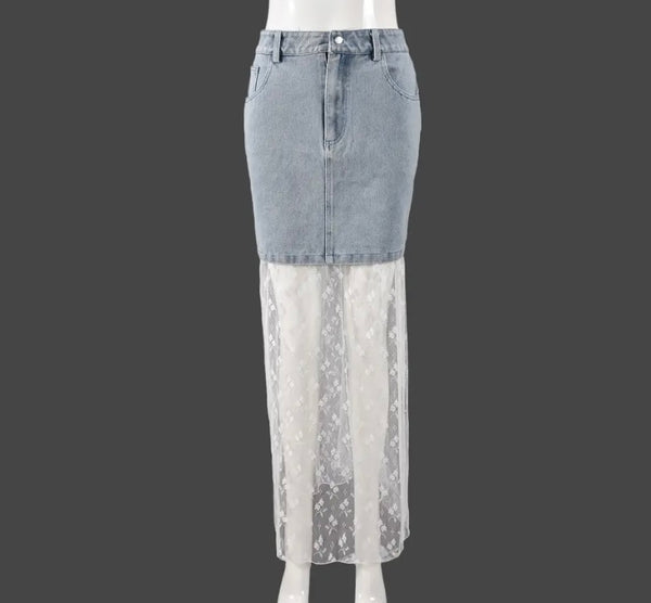 Women Sexy Denim Lace Patchwork Maxi Skirt