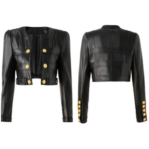 Women Black Gold Button Fashion Faux Leather Crop Jacket
