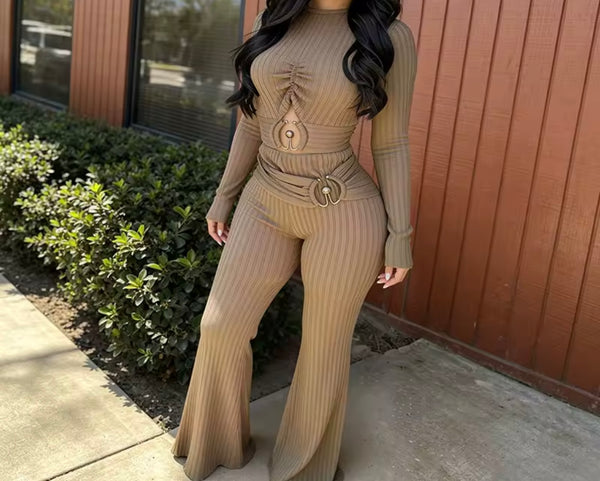 Women Ribbed Cut Out Full Sleeve Fashion Jumpsuit