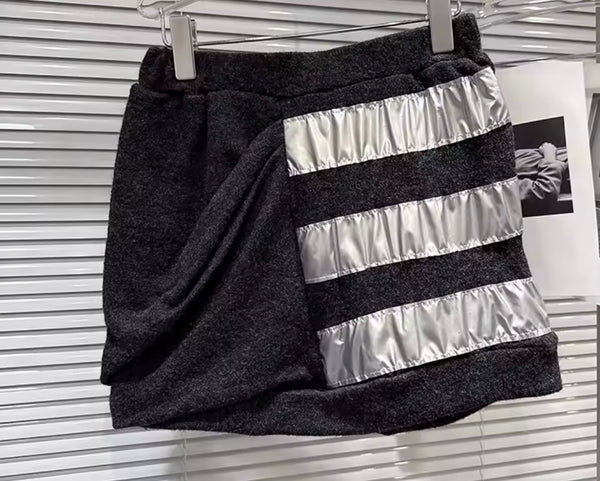 Women Button Up Silver Striped Full Sleeve Two Piece Skirt Set