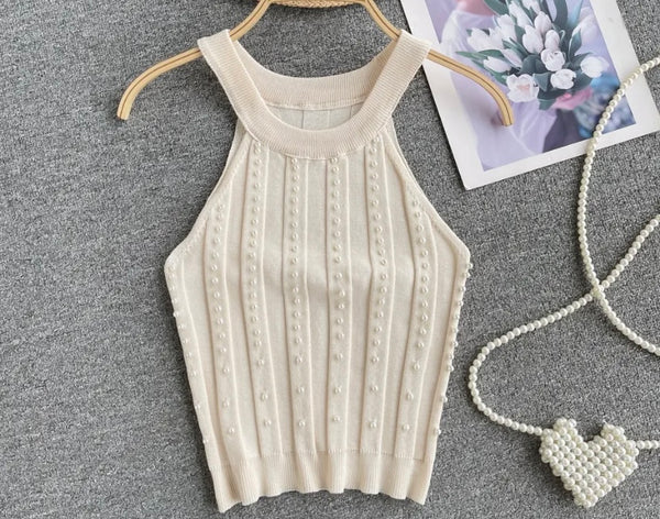 Women Fashion Sleeveless Pearl Crop Top