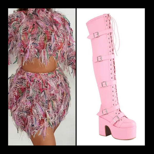 Women Fashion Over The Knee Lace Up Buckled Platform Boots
