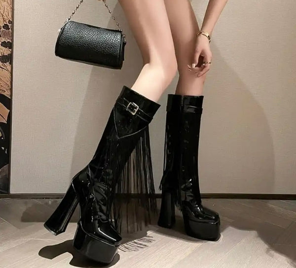 Women Platform Fringe Tassel Fashion Patent Leather Boots