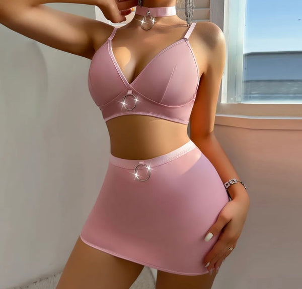 Women Pink Choker Mesh Sexy Lingerie Set