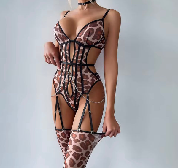 Women Sexy Choker Leopard Print Mesh Bodysuit Lingerie Set