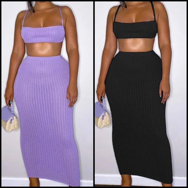 Women Knitted Sexy Sleeveless Crop Two Piece Maxi Skirt Set