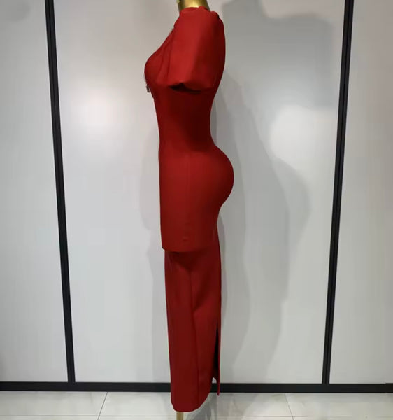 Women Red Bling Bow Short Sleeve Maxi Dress