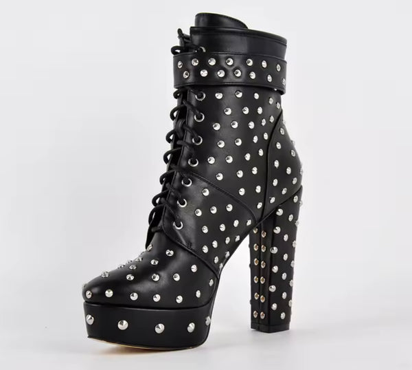 Women Fashion Black Rivet High Heel Ankle Strap Buckle Boots