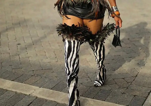 Women Fashion Open Toe B&W Printed Feather Over The Knee Boots