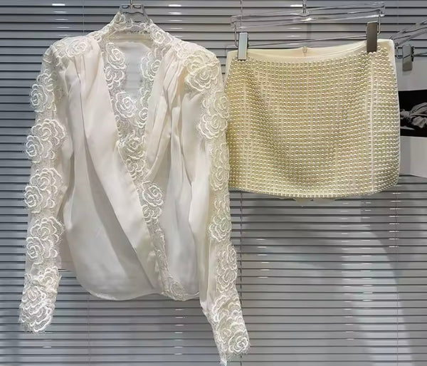 Women Floral Lace Full Sleeve Two Piece Bling Short Set