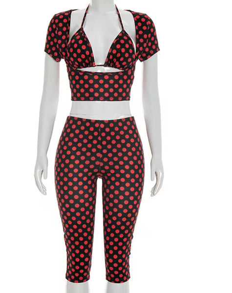 Women Sexy Fashion Polka Dot Crop Three Piece Capri Pant Set